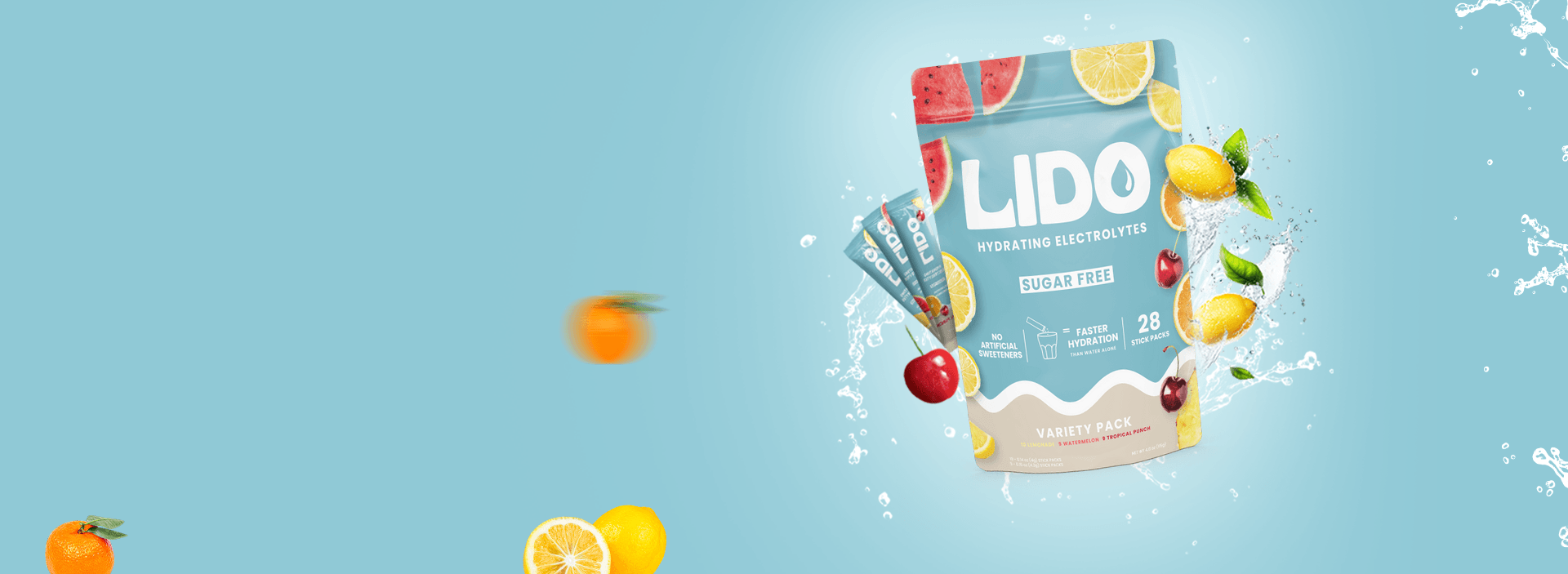 banner of Lido electrolytes bag and fruit flying